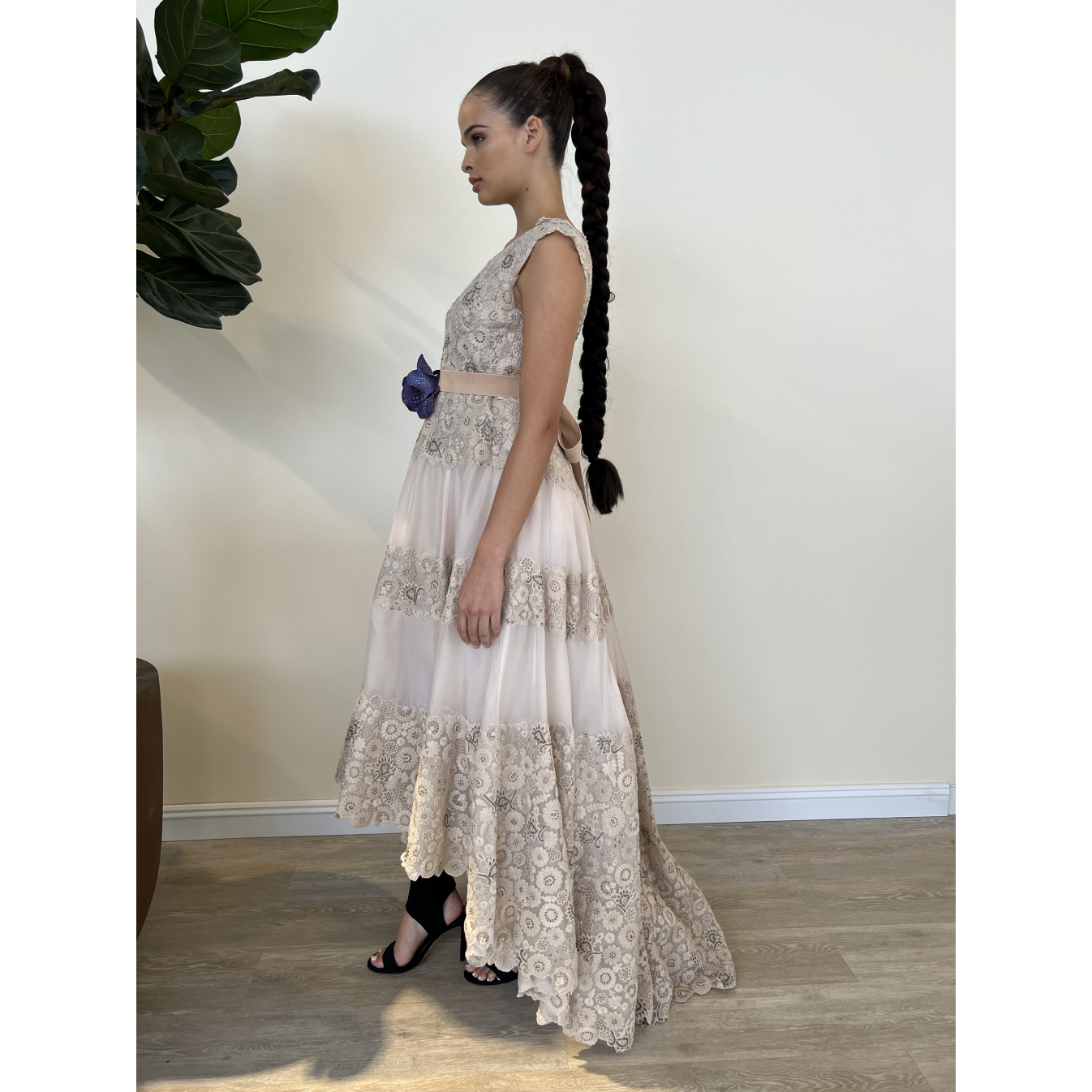 Nude Embroidered  Organza Gown Floral Belt
