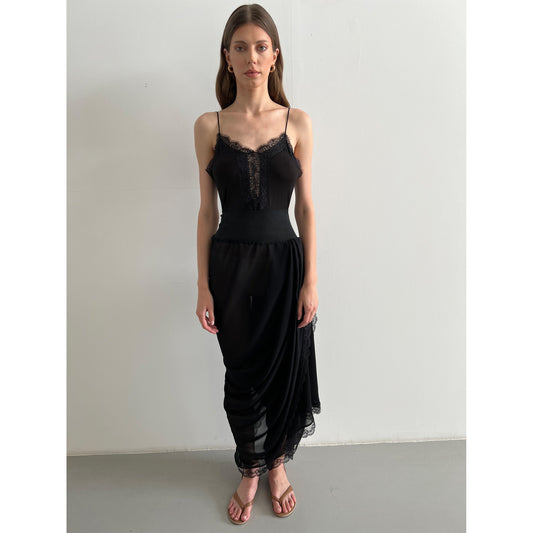 Black Soft Chiffon Sheer Draped Pant, With Inner Leg Drape And Sculpting Waistband