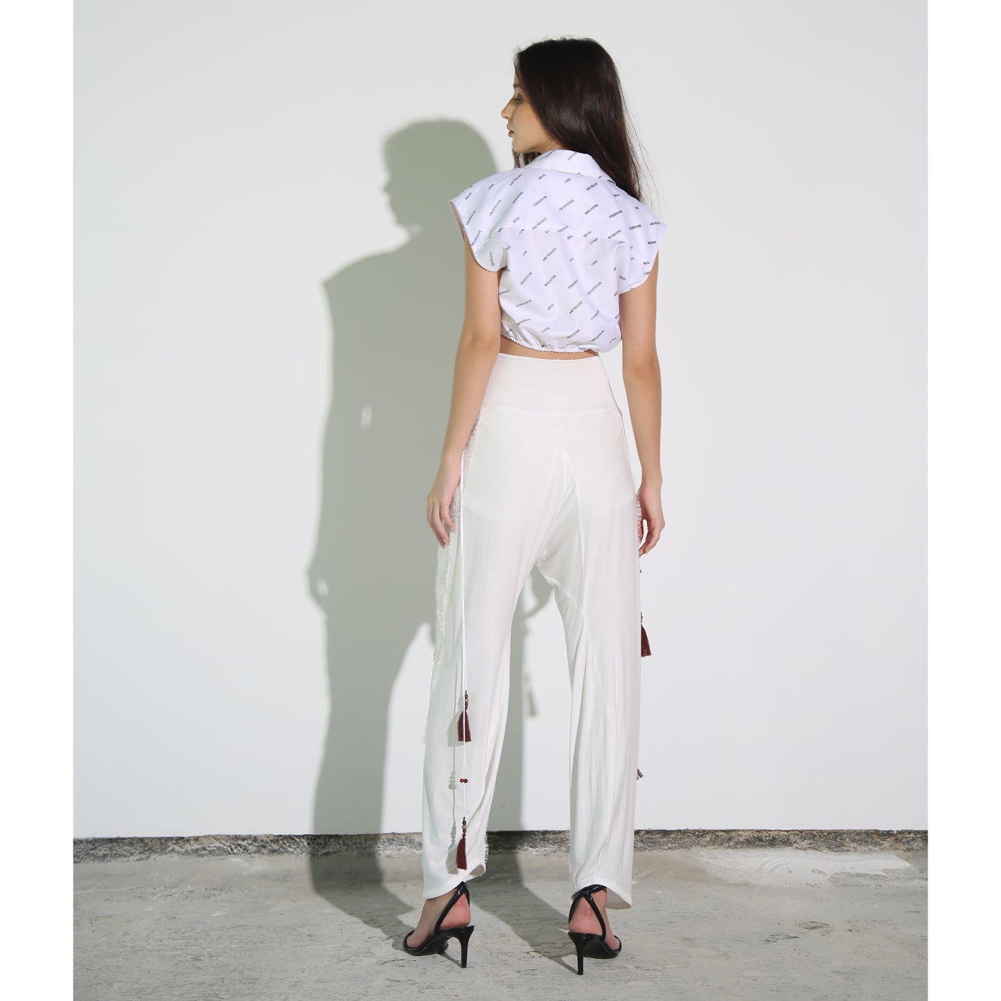 White Modal Soft Jersey Pant with Lace Seam Detail