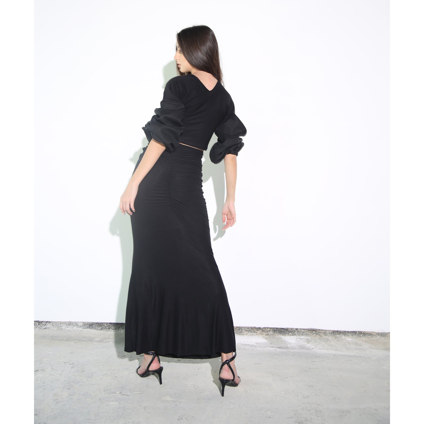 Black Modal Soft Jersey and Linen Top with Balloon Sleeves