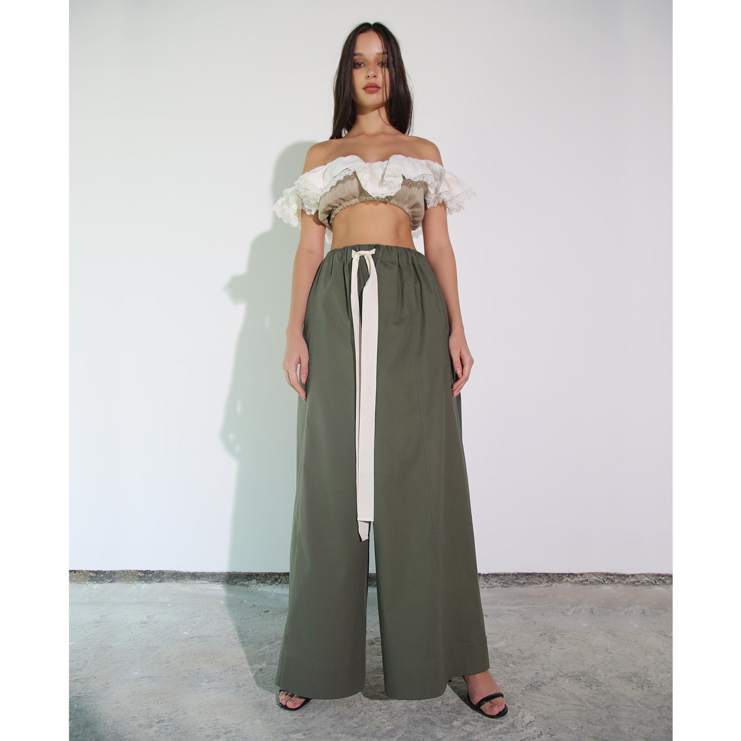 Khaki Cotton Wide-Leg Pant