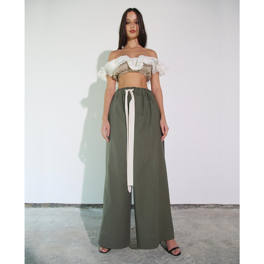 Khaki Cotton Wide-Leg Pant