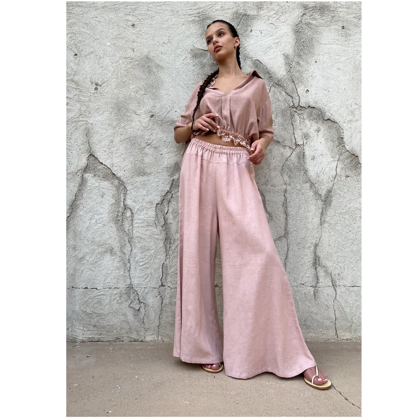 Nude Linen Wide Leg Pants