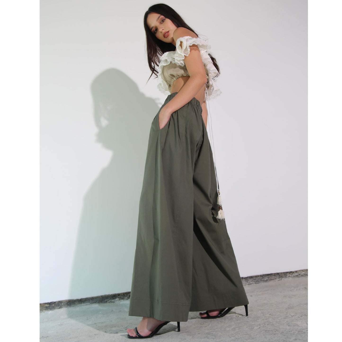 Khaki Cotton Wide-Leg Pant