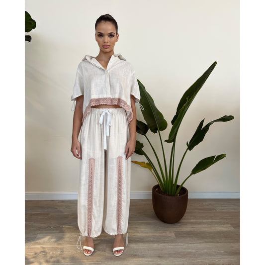 Off White Linen and Nude Lace Toggle Pants
