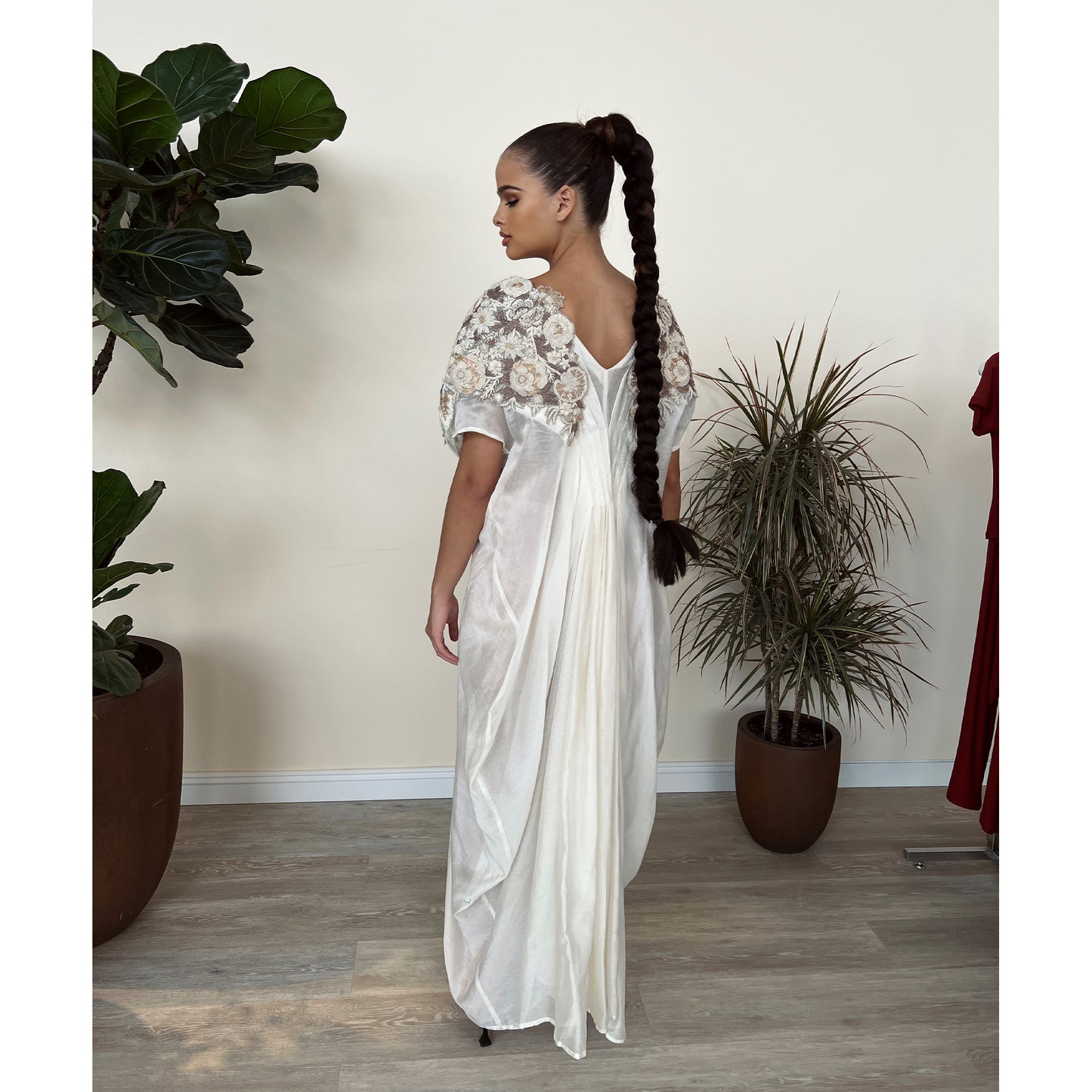 Off White Chanderi Silk Hand Embroidered Kaftan