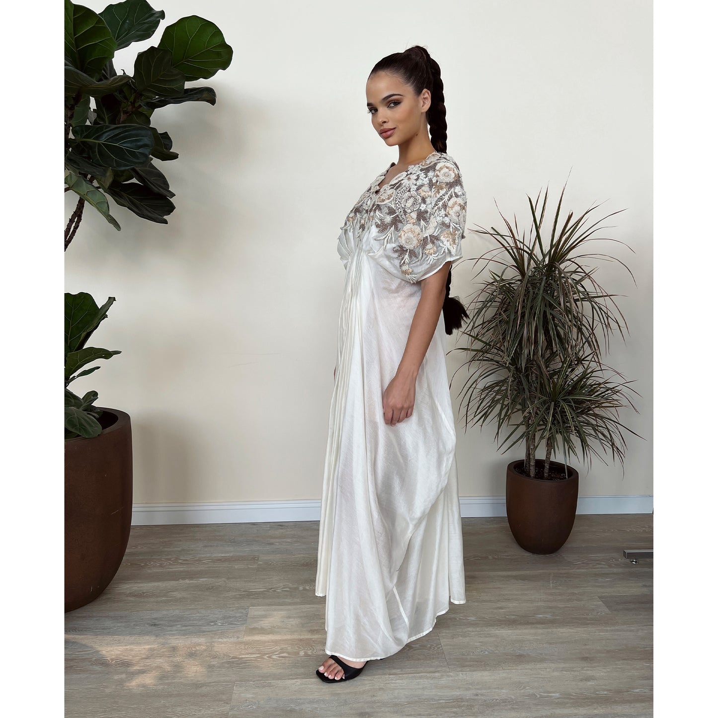 Off White Chanderi Silk Hand Embroidered Kaftan