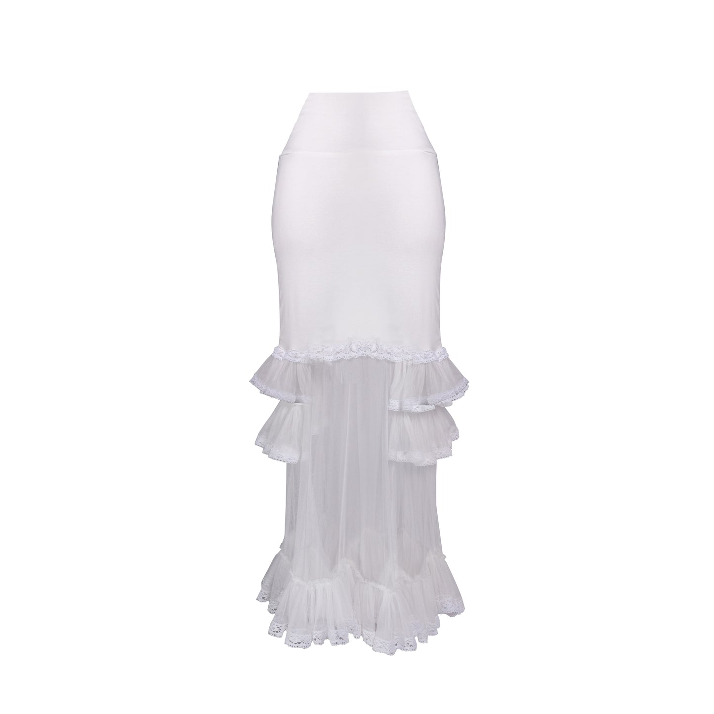 White Modal Jersey Skirt with Tulle & Lace Ruffle