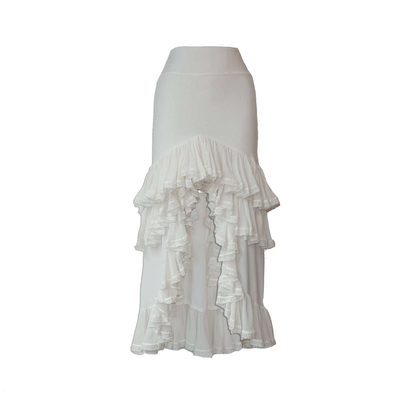 White Modal Jersey Skirt with Lace Ruffle Hem