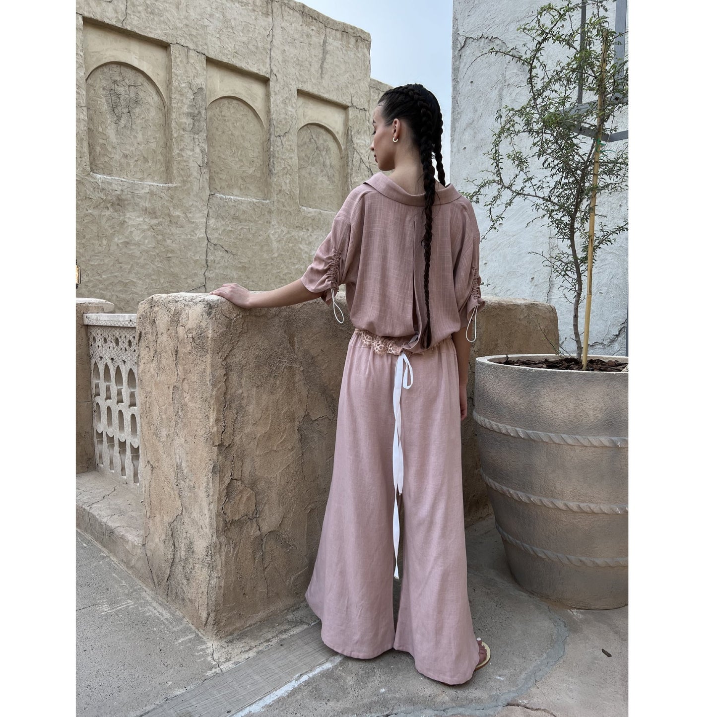 Nude Linen Wide Leg Pants